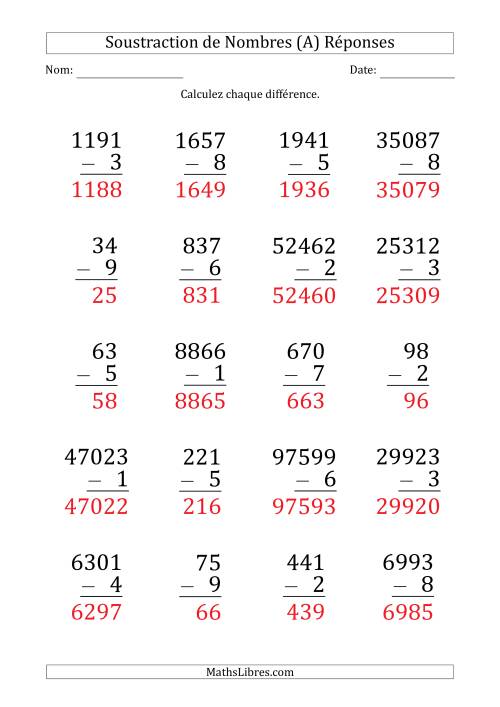 Soustraction de Divers Nombres par un Nombre à 1 Chiffre (Gros Caractère) (A) page 2