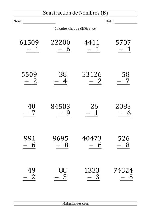 Soustraction de Divers Nombres par un Nombre à 1 Chiffre (Gros Caractère) (B)
