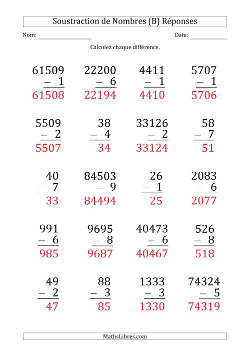 Soustraction de Divers Nombres par un Nombre à 1 Chiffre (Gros Caractère) (B) page 2