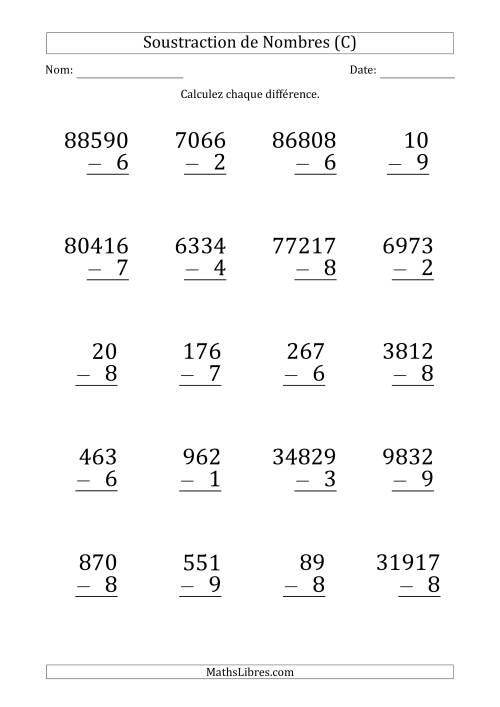 Soustraction de Divers Nombres par un Nombre à 1 Chiffre (Gros Caractère) (C)