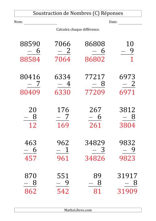 Soustraction de Divers Nombres par un Nombre à 1 Chiffre (Gros Caractère) (C) page 2