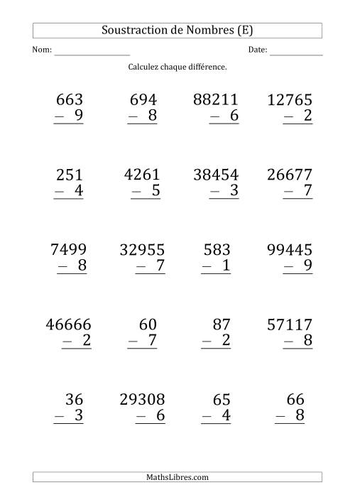 Soustraction de Divers Nombres par un Nombre à 1 Chiffre (Gros Caractère) (E)