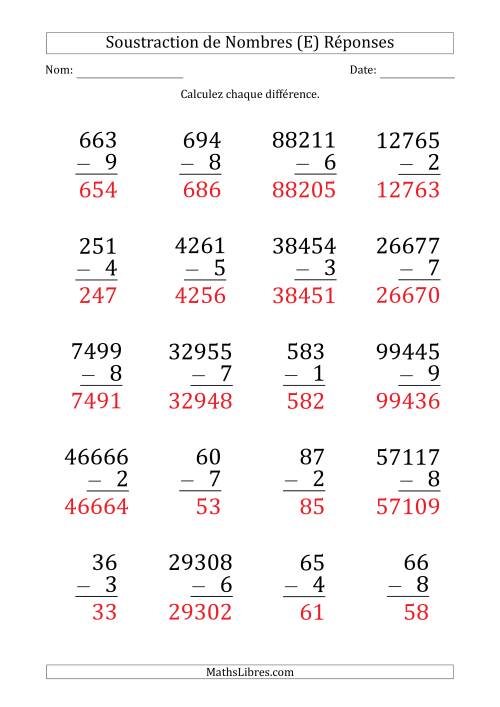 Soustraction de Divers Nombres par un Nombre à 1 Chiffre (Gros Caractère) (E) page 2