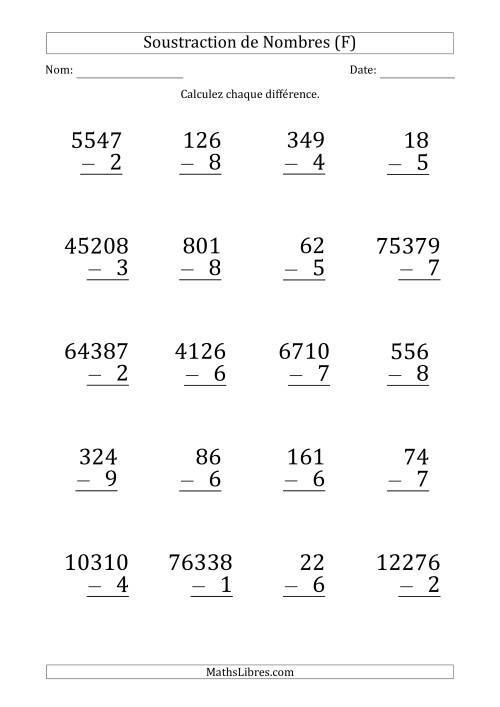 Soustraction de Divers Nombres par un Nombre à 1 Chiffre (Gros Caractère) (F)