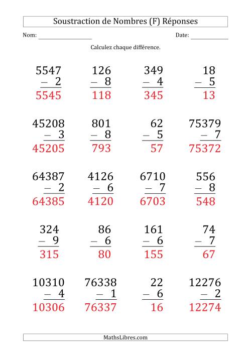 Soustraction de Divers Nombres par un Nombre à 1 Chiffre (Gros Caractère) (F) page 2