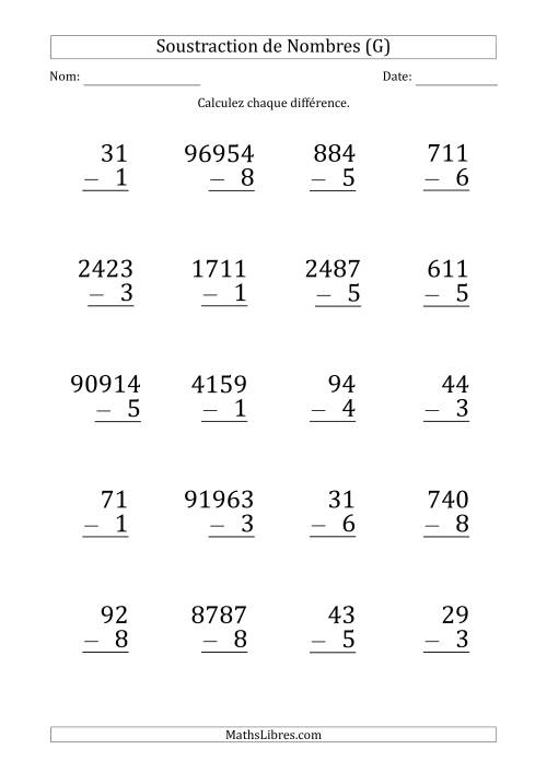 Soustraction de Divers Nombres par un Nombre à 1 Chiffre (Gros Caractère) (G)