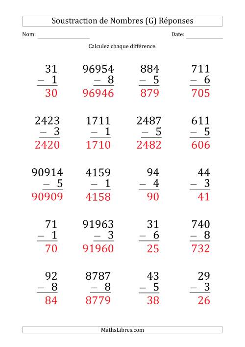 Soustraction de Divers Nombres par un Nombre à 1 Chiffre (Gros Caractère) (G) page 2
