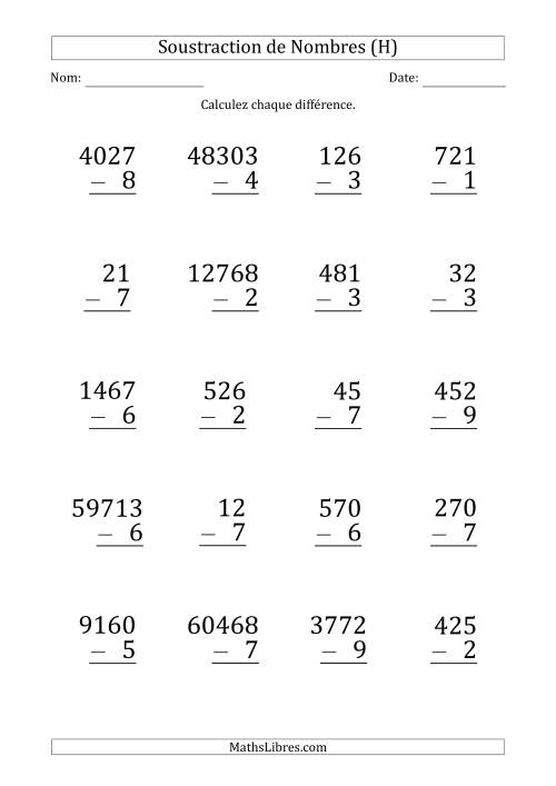 Soustraction de Divers Nombres par un Nombre à 1 Chiffre (Gros Caractère) (H)
