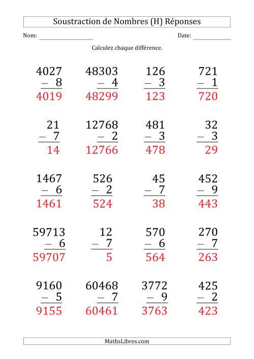 Soustraction de Divers Nombres par un Nombre à 1 Chiffre (Gros Caractère) (H) page 2