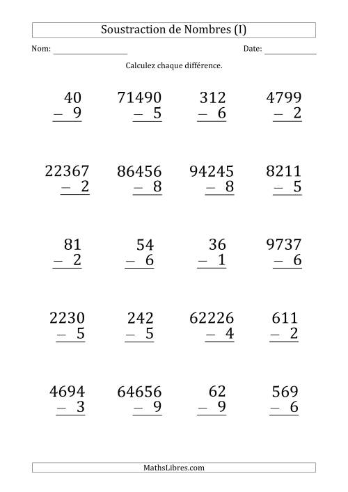 Soustraction de Divers Nombres par un Nombre à 1 Chiffre (Gros Caractère) (I)