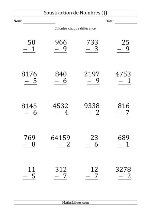 Soustraction de Divers Nombres par un Nombre à 1 Chiffre (Gros Caractère) (J)