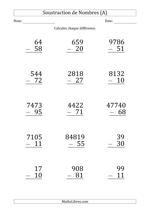Soustraction de Divers Nombres par un Nombre à 2 Chiffres (Gros Caractère) (A)