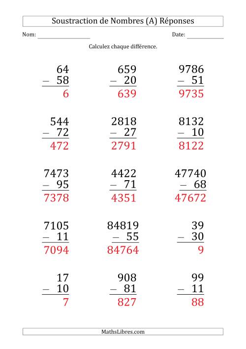 Soustraction de Divers Nombres par un Nombre à 2 Chiffres (Gros Caractère) (A) page 2