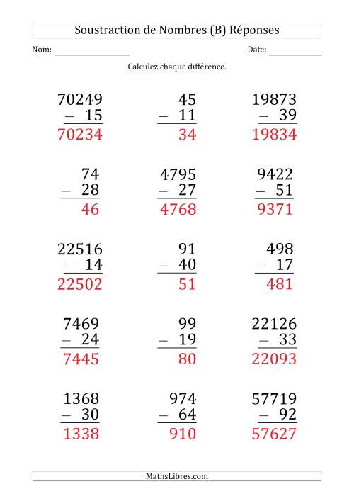 Soustraction de Divers Nombres par un Nombre à 2 Chiffres (Gros Caractère) (B) page 2
