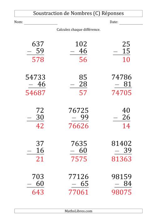 Soustraction de Divers Nombres par un Nombre à 2 Chiffres (Gros Caractère) (C) page 2