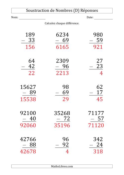 Soustraction de Divers Nombres par un Nombre à 2 Chiffres (Gros Caractère) (D) page 2