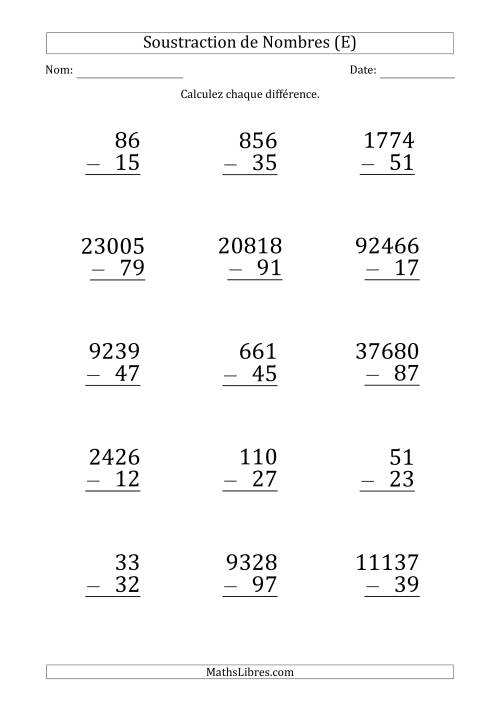 Soustraction de Divers Nombres par un Nombre à 2 Chiffres (Gros Caractère) (E)