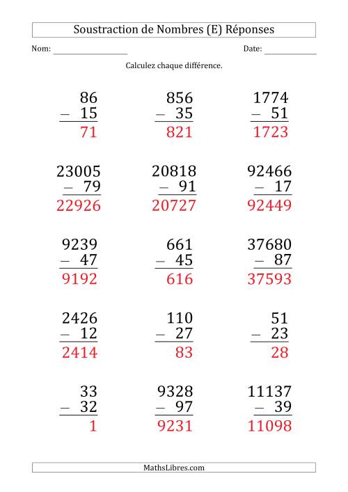 Soustraction de Divers Nombres par un Nombre à 2 Chiffres (Gros Caractère) (E) page 2