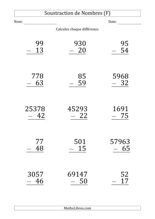 Soustraction de Divers Nombres par un Nombre à 2 Chiffres (Gros Caractère) (F)