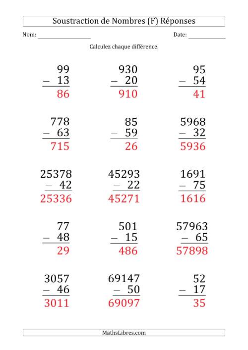 Soustraction de Divers Nombres par un Nombre à 2 Chiffres (Gros Caractère) (F) page 2
