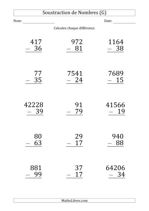 Soustraction de Divers Nombres par un Nombre à 2 Chiffres (Gros Caractère) (G)