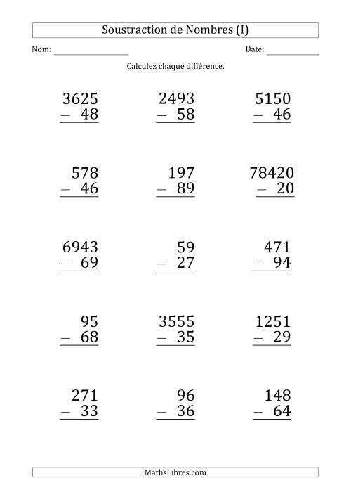 Soustraction de Divers Nombres par un Nombre à 2 Chiffres (Gros Caractère) (I)