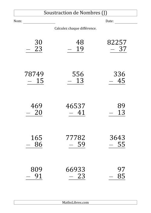 Soustraction de Divers Nombres par un Nombre à 2 Chiffres (Gros Caractère) (J)