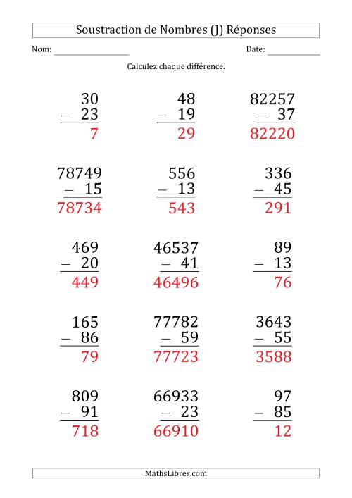 Soustraction de Divers Nombres par un Nombre à 2 Chiffres (Gros Caractère) (J) page 2