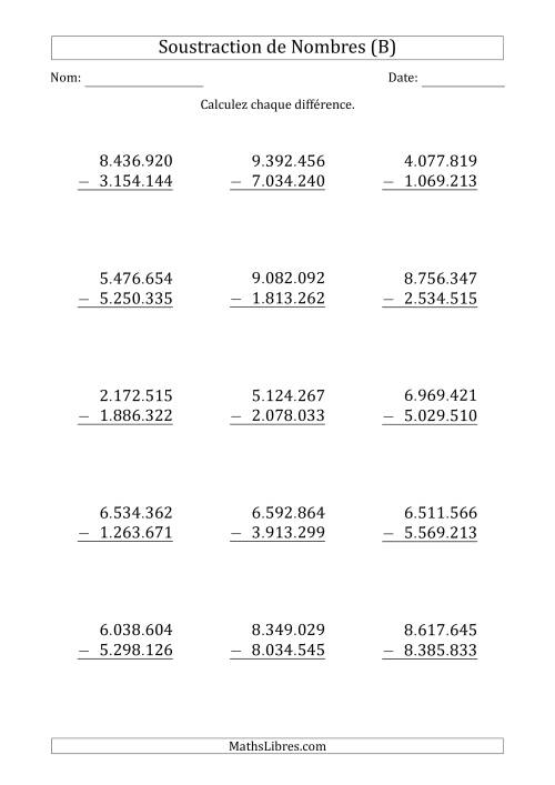 Soustraction d'un Nombre à 7 Chiffres par un Nombre à 7 Chiffres (Point Comme Séparateur des Milliers) (B)