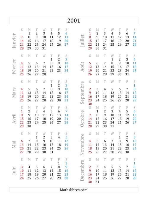 calendrier annee 2001