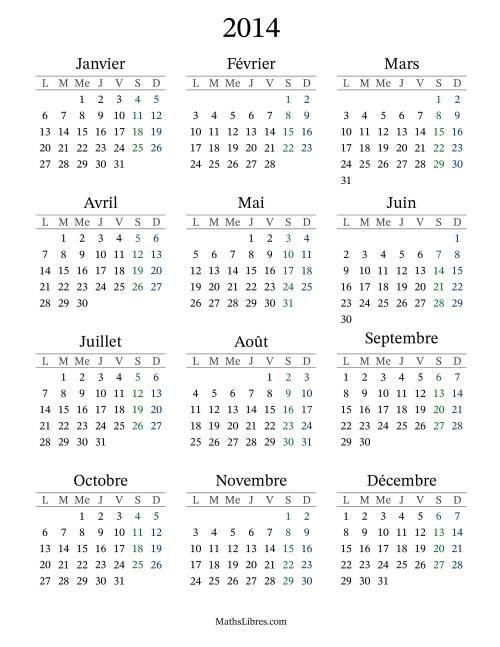 Calendrier de l'Année 2014 avec lundi comme premier jour