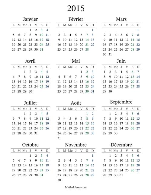 Calendrier de l'Année 2015 avec lundi comme premier jour