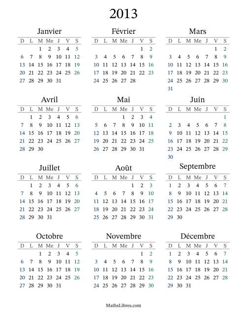 Calendrier de l'Année 2013 avec dimanche comme premier jour