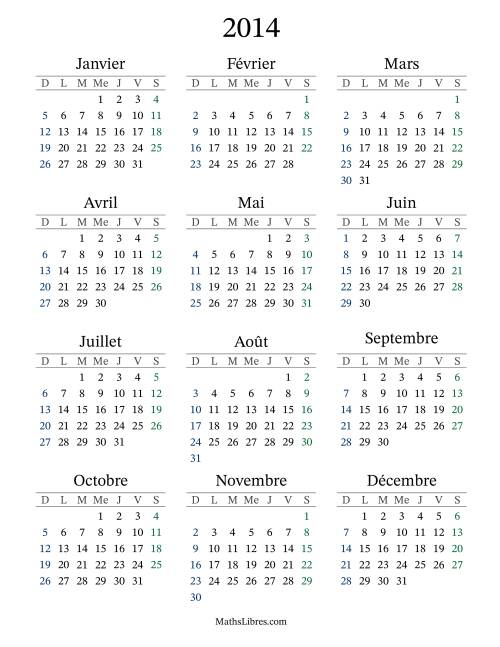 Calendrier de l'Année 2014 avec dimanche comme premier jour