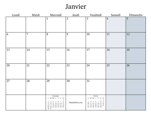 Calendrier remplissable mensuel général bissextile avec le 1er janvier tombant un Mercredi (Format du lundi au dimanche)