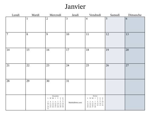 Calendrier remplissable mensuel général avec le 1er janvier tombant un Mardi (Format du lundi au dimanche)