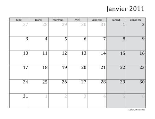 Calendrier Mensuel 2011 début de la semaine le lundi
