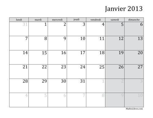 Calendrier Mensuel 2013 début de la semaine le lundi