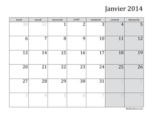 Calendrier Mensuel 2014 début de la semaine le lundi