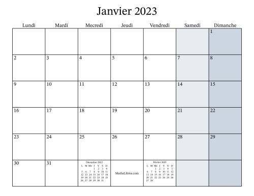 Calendrier Mensuel Remplissable de l'Année 2023 avec lundi comme premier jour