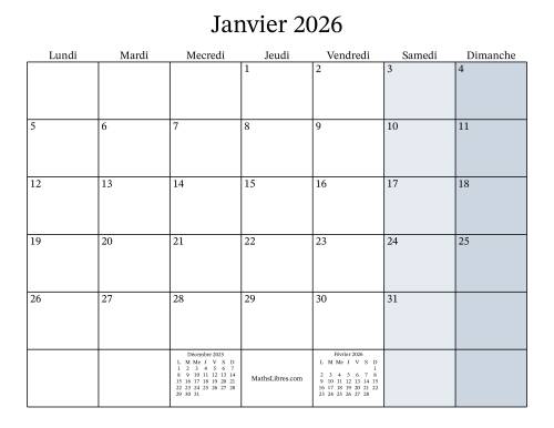 Calendrier Mensuel Remplissable de l'Année 2026 avec lundi comme premier jour