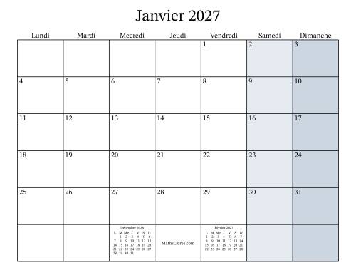 Calendrier Mensuel Remplissable de l'Année 2027 avec lundi comme premier jour