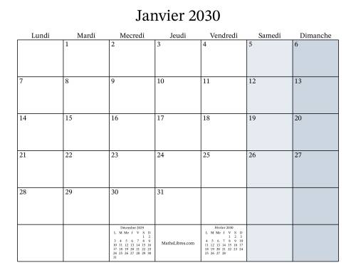 Calendrier Mensuel Remplissable de l'Année 2030 avec lundi comme premier jour