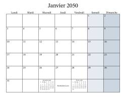 Calendrier Mensuel Remplissable de l'Année 2050 avec lundi comme premier jour