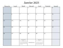 Calendrier Mensuel Remplissable de l'Année 2025 avec dimanche comme premier jour