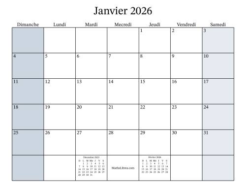 Calendrier Mensuel Remplissable de l'Année 2026 avec dimanche comme premier jour