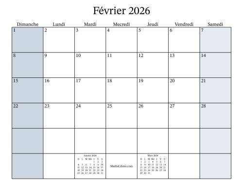 Calendrier Mensuel Remplissable de l'Année 2026 avec dimanche comme premier jour page 2