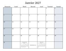 Calendrier Mensuel Remplissable de l'Année 2027 avec dimanche comme premier jour