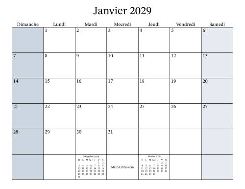 Calendrier Mensuel Remplissable de l'Année 2029 avec dimanche comme premier jour