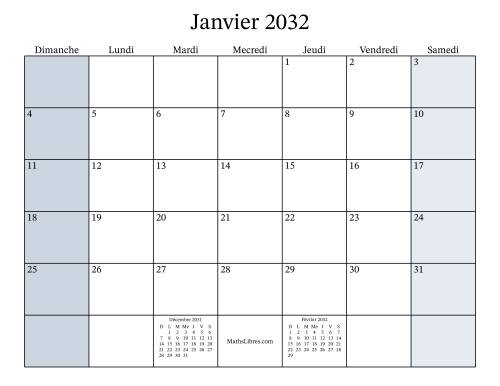 Calendrier Mensuel Remplissable de l'Année 2032 avec dimanche comme premier jour